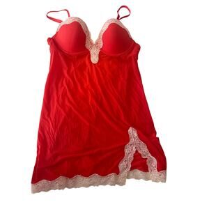 Victoria's Secret 38C Nighty Cream Lace Trim Slip Dress Pinkish Red Underwire